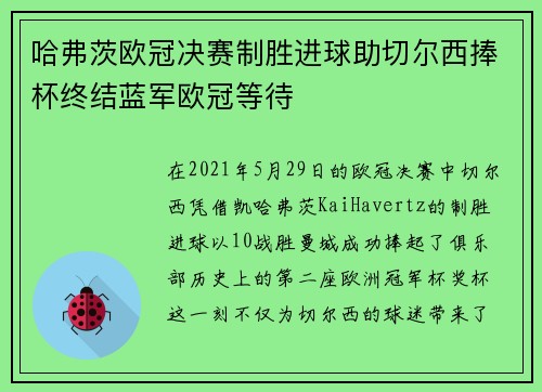 哈弗茨欧冠决赛制胜进球助切尔西捧杯终结蓝军欧冠等待 哈弗茨欧冠决赛制胜进球助切尔西捧杯终结蓝军欧冠等待